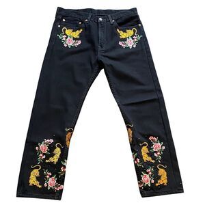Upcycled Levi’s Jeans Mens Sz 38 Black Tiger and Rose Patchwork Rhinestones